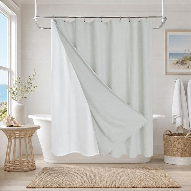 Drifted Root Coastal Loft Series Matelassé Jacquard Shower Curtain, Soft Touch, Metal Hooks, Detachable Liner & Weighted Magnets, Water-Repellent Bath Curtain (Seafoam Green, 72"W x 72"L(Pack of 1))