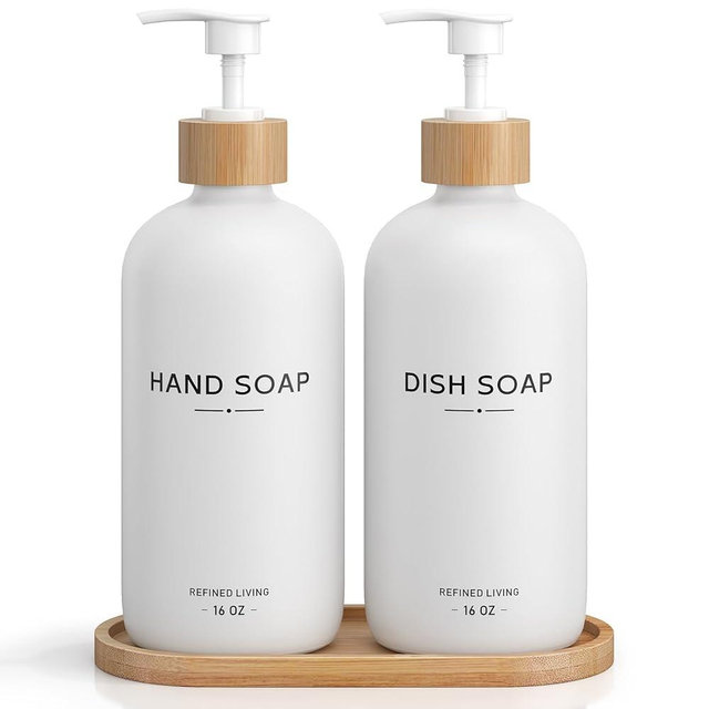 Hand and Dish Soap Dispenser Set,16oz Glass Bottles with Bamboo Pumps & Tray,Countertop Soap Dispensers for Kitchen,Luxury, Minimalist & Farmhouse Decor