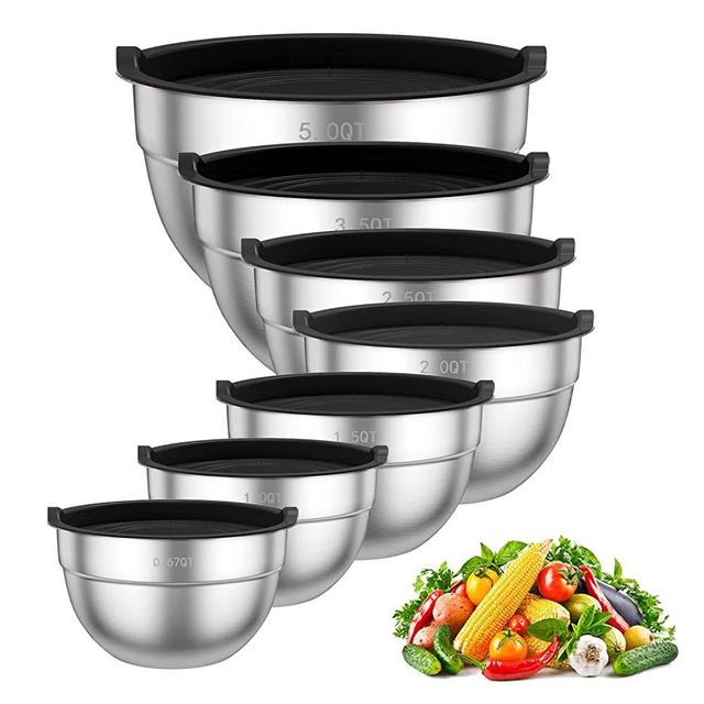 7PCS Mixing Bowls with Lids Set, Stainless Steel Nesting Mixing Bowl Set for Baking, Mixing, Serving & Prepping, Set of 7 - 5, 3.5, 2.5, 2, 1.5, 1, 0.67QT (Black)