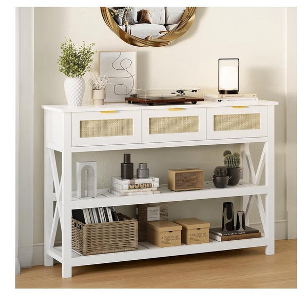 LotaTools Console Table with 3 Rattan Drawers, Wooden Entryway Table with 3-Tier Storage Shelves, Display Shelf for Entryway, Hallway, Foyer and Living Room, White