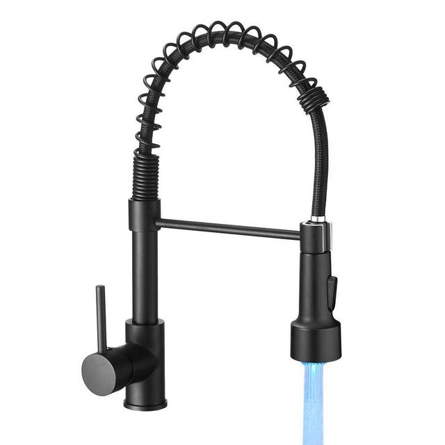 OWOFAN Kitchen Faucet with Sprayer, Modern Single Handle Pull Down Sprayer Spring Matte Black Kitchen Sink Faucet with LED Light 9005R