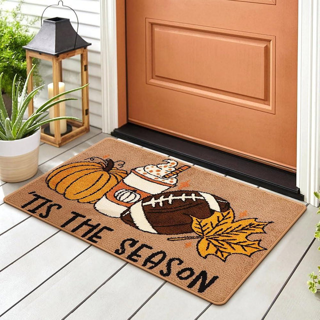 HunnmingRe Fall Football Welcome Mat Pumpkin Front Door Mat 48 x 30 Inch Autumn Outdoor Rug Season Football Rug with Non Slip Backing for Bathroom Decor Kitchen Entrance