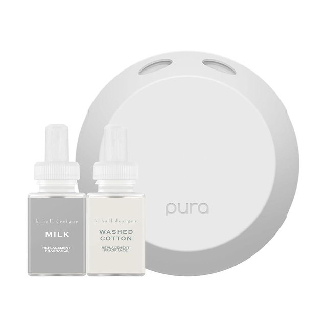 Pura Smart Home Fragrance Device Starter Set - Pura 4 - Scent Diffuser for Home - Includes Fragrance Aroma Diffuser - Square Box, Milk and Washed Cotton Scent Refills