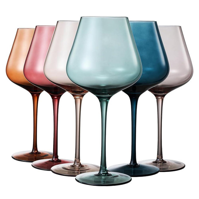 Colored Crystal Wine Glasses Set of 6, Gift Wife, Her, Mom, Friend - Large 18.5oz Glass, Italian Style Tall Stemmed Drinkware, Long Stem Wines, Dinner, Color Beautiful Glassware, Luxury, Hand-Blown