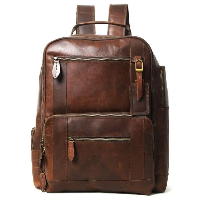 Gratlin Buffalo Leather Backpack for Men 16 Inch| Vintage Leather Backpack Multi Pockets Business Travel Daypack| Full Grain Brown Leather Shoulder Rucksack Knapsack