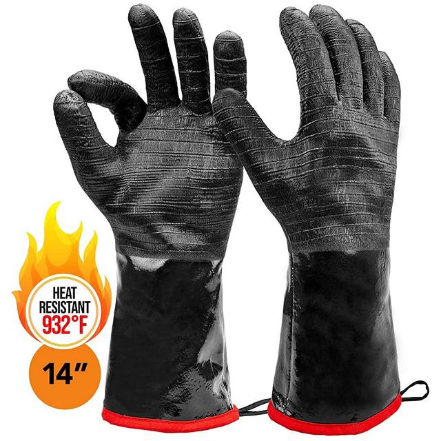 Heat Resistant BBQ Gloves, 14” Long Sleeve, Extra Large Textured Grip to Handle Wet, Greasy or Oily Foods Fire and Food Safe Turkey Fryer Oven Mitts for Smoker, Grills and Barbecue