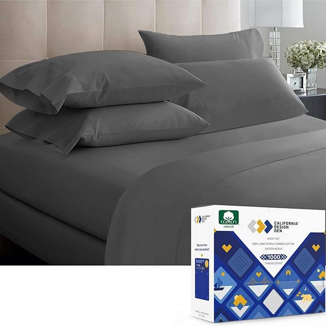 Luxurious Dark Grey Sheets Queen Size - 1000 Thread Count 100% Pure Cotton, Soft Sateen Weave 4 Piece Bed Sheet Set, Elasticized Deep Pocket Fits Low Profile Foam and Tall Mattresses