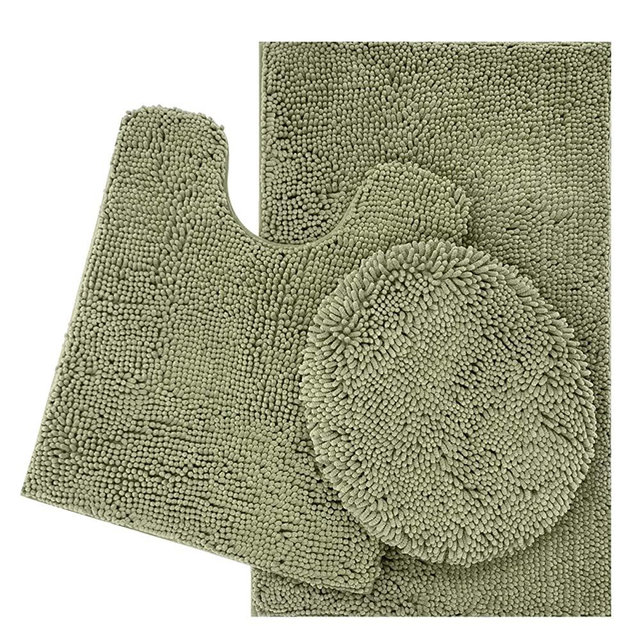 ITSOFT 3pc Non-Slip Shaggy Chenille Bathroom Mat Set, Includes 24 x 21 Inches U-Shaped Contour Toilet Rug, 34 x 21 Inches Bathmat and 1 Toilet Lid Cover, Machine Washable, Sage Green