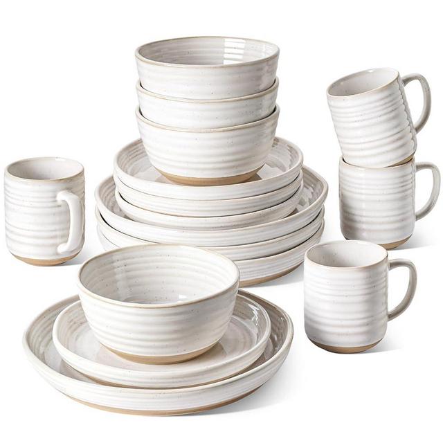 LE TAUCI Dinnerware Sets 16 Piece, Ceramic Plates and Bowls Set, House Warming Wedding Gift, Serve for 4 (10" Dinner Plates + 8" Salad Dish + 28 oz Cereal Bowl+12oz coffee mugs) x 4, Arctic White