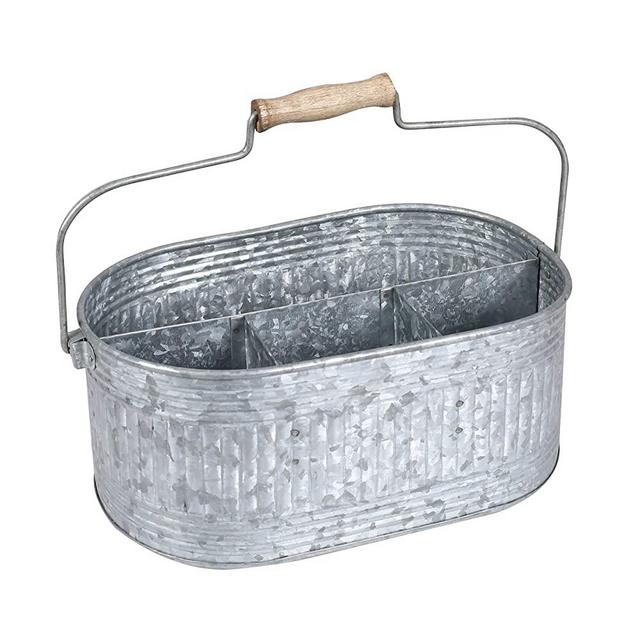 Farmhouse Utensil Caddy Carry-All Serveware Galvanized Metal Organizer for Kitchen Counter - Comfortable Wooden Handle Indoor/Outdoor Storage For Flatware, Condiments - Antique Gray
