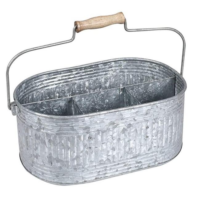 Farmhouse Utensil Caddy Carry-All Serveware Galvanized Metal Organizer for Kitchen Counter - Comfortable Wooden Handle Indoor/Outdoor Storage For Flatware, Condiments - Antique Gray