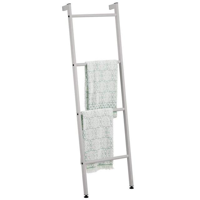 mDesign Metal Free Standing Leaning Decorative Bath Towel Bar Storage Ladder - Holds Towels, Blankets, Throw Blankets, Quilts - 4 Levels - Stone