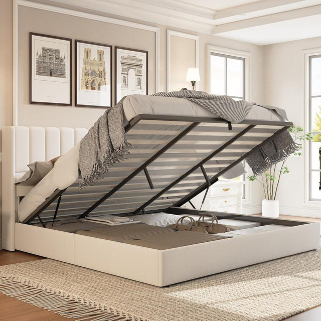 Jocisland King Size Lift Up Storage Bed Frame, Linen Upholstered Platform Bed with Vertical Channel Tufted Headboard and Wingback, Hydraulic System, No Box Spring Needed, Wood Slats Support, White