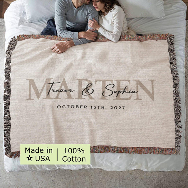 Custom Wedding Gift Cotton Anniversary Throw Personalized Blanket for Bridal Shower Present, Couple Names