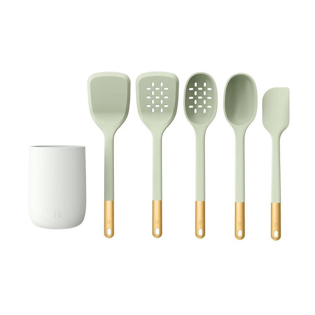 6 Piece Silicone Kitchen Utensil Set with Holder, Heat Resistant Cooking Tools, Nonstick Safe Spatula Spoon Turner Set with Ceramic Storage Crock (Sage Green)