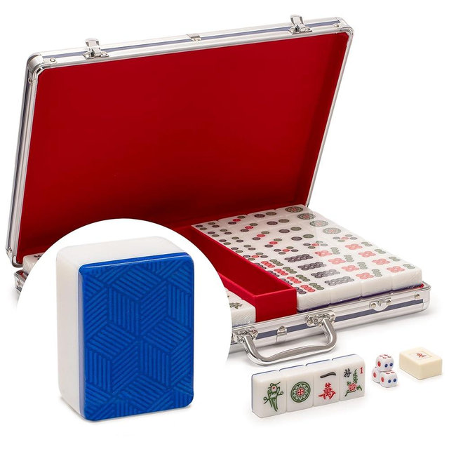 Yellow Mountain Imports Chinese Mahjong Set, “Azure Fortune” with 146 Large Tiles, Aluminum Case, Wind Indicator and Dice - No Numbers or Letters - for Chinese Style Gameplay Only