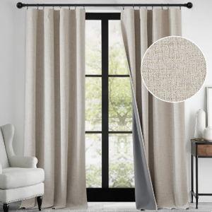 RYB HOME Linen Textured 100% Blackout Curtains for Bedroom, Insulating Energy Saving Window Curtains for Living Room Dining Patio Sliding Glass Door, Wide 52 x Long 90 inch, Beige, 2 Panels