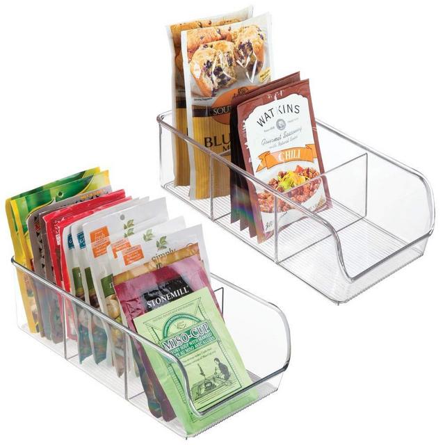 mDesign Plastic Food Packet Kitchen Storage Organizer Bin Caddy - Holds Spice Pouches, Dressing Mixes, Hot Chocolate, Tea, Sugar Packets in Pantry, Cabinets or Countertop - 2 Pack - Clear
