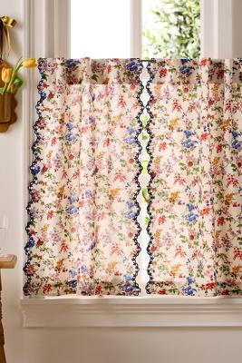 Alina Cotton Printed Embroidered Scalloped Cafe Curtain, Set of 2