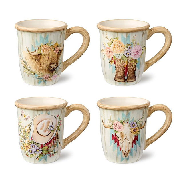 Rosewood 14-Ounce Mugs, Set of 4, Assorted Western Designs with Floral Cowboy Boots, Highland Cow, Cowboy Hat & Steer Skull, Durable Ceramic, Perfect for Coffee, Tea & Rustic Farmhouse Décor