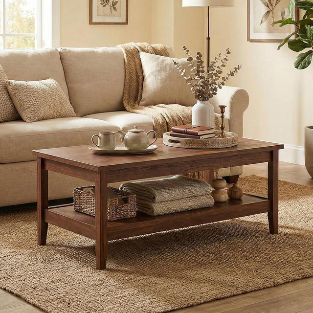 GOFLAME Mid Century Modern Coffee Table, 47” Wood Center Table with Open Storage Shelf, Rectangular, 2-Tier Farmhouse Accent Tea Tables for Living Room, Apartment, Reception Room, Walnut