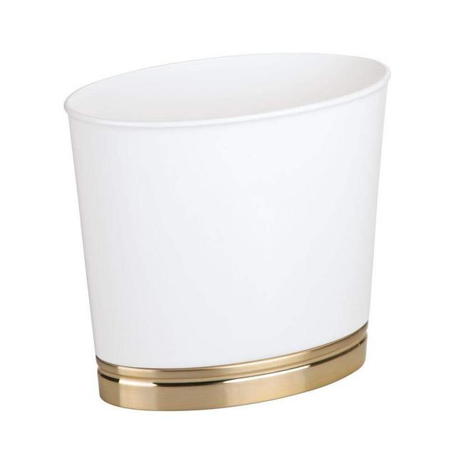 mDesign Oval Slim Decorative Plastic Small Trash Can Wastebasket, Garbage Container Bin for Bathrooms, Kitchens, Home Offices, Dorm Rooms - White/Soft Brass
