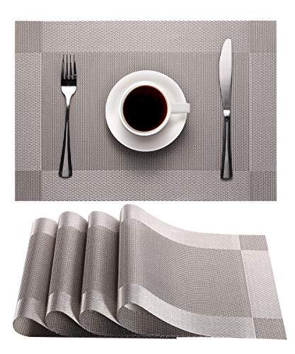 Syntus 4 Pack Placemats, PVC Woven Vinyl Table Mats Washable Non-Slip Heat Resistant for Kitchen Dinning Thanksgiving & Christmas Table, Silver Gray