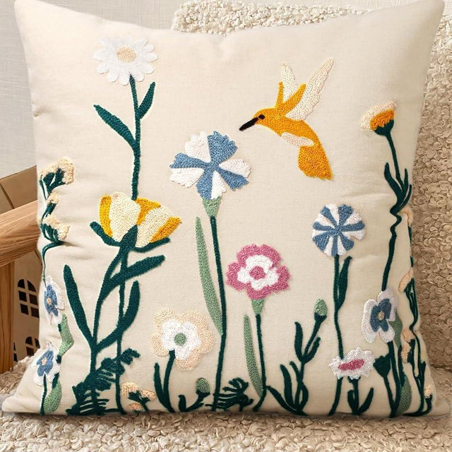 Kokaaee Embroidered Throw Pillow Cover 18x18 Inch - Spring Summer Boho Decorative Pillow Cover with Zipper for Living Room Couch Sofa Bed Aesthetic Design Flower Bird Cushion Pillowcase