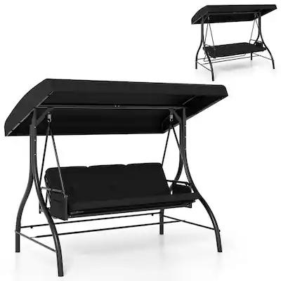 Costway - 3-Seat Patio Swing with Canopy with Removable Cushions & Side Pockets Stand - Black