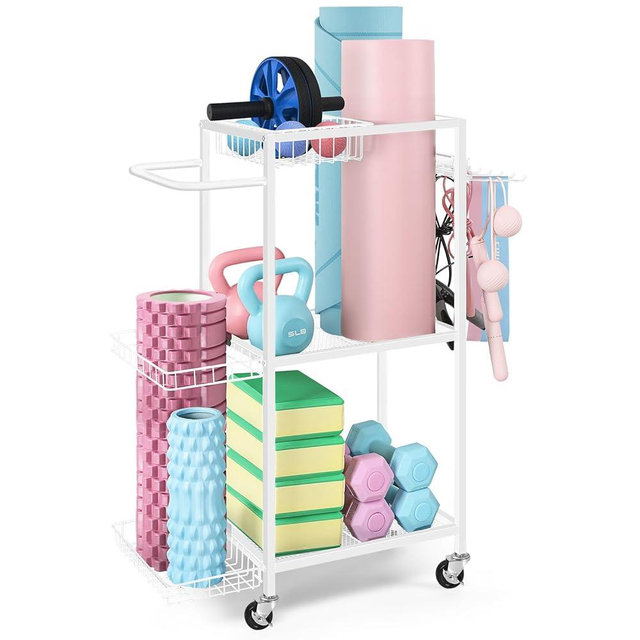 LIANTRAL Dumbbell Rack, Yoga Mat & Balls Organizer - Home Gym Equipment Storage with Hooks & Wheels