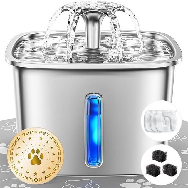 Veken Innovation Award Winner Stainless Steel Cat Water Fountain, 95oz/2.8L Automatic Pet Fountain with 3 Replacement Filters & 3 Pre-Filter Sponges & Silicone Mat for Cats, Dogs (Silver)