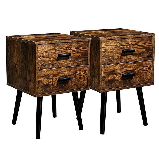 TianLang Nightstand with 2 Drawer,Set of 2 Industrial Side Table，End Table for Living Room，Stable Wooden Legs，Retro Brown LJET003A2
