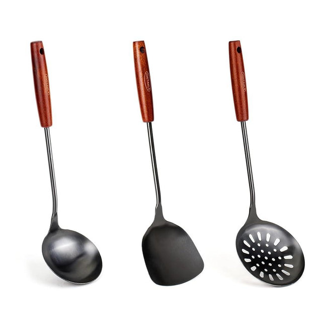 FJNATINH Wok spatula and ladle,Skimmer Ladle Tool Set, 17inches Spatula for Wok, 304 Stainless Steel Wok Spatula,Black
