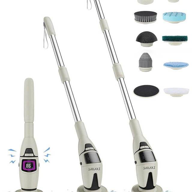 SAKAKI Electric Spin Scrubber Cordless Shower Cleaning Brush with 10 Replaceable Heads Powerful IPX7 Waterproof Bathroom Cleaner 3 Speeds Detachable Long Handle Voice Broadcast for Floor Car Kitchen