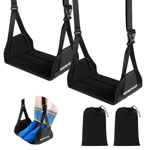 Airplane Foot Hammock, No Collapse Foot Rest for Plane Travel with Extended Adjustment Strap, Portable Desk Foot Hammock with Thickened Foam, Foot Sling Travel Essentials to Relax Your Feet(Black 2PC)