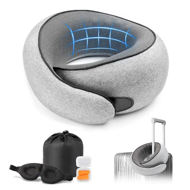 Purroch Travel Neck Pillow with 100% Pure Memory Foam, G-Shape, Includes Eye Mask & Ear Plugs, Ergonomic Design for Airplane, Car & Office, etc, Beige Gray