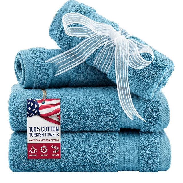 American Veteran Towel, 100% Cotton Turkish Washcloths for Bathroom Essentials 4 Pack, Soft Absorbent Wash Cloths Quick Drying Small Towels Washrags, Sky Blue