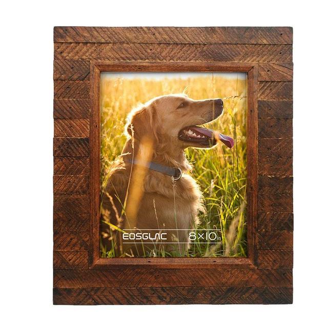 Eosglac Wooden Picture Frame 8x10 inch, Wood Plank Design with Rustic Brown Finish, Wall Mounting or Tabletop Display, Handmade Photo Frame