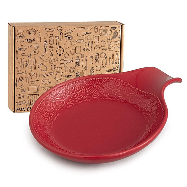 FUN ELEMENTS Spoon Rest, Lace Emboss Kitchen Spoon Holder for Stove Top, Ceramic Spoon Rest for Kitchen Counter, Best Gift Idea for Thanksgiving, Christmas and House Warming, Christmas Red