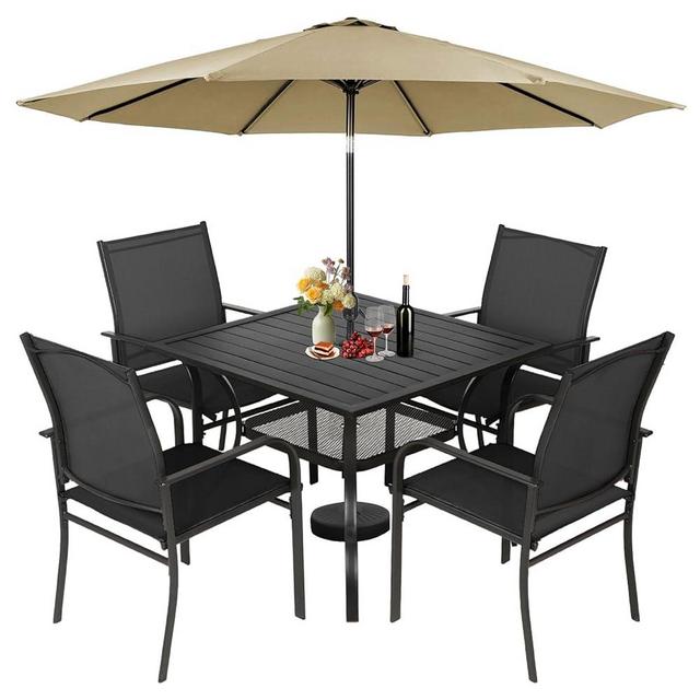 Incbruce 6 Pieces Patio Dining Set with Brown Umbrella, Outdoor Dining Set of 4 Textilene Chairs and Square Table with Umbrella Hole for Backyard, Garden, and Poolside (Black)