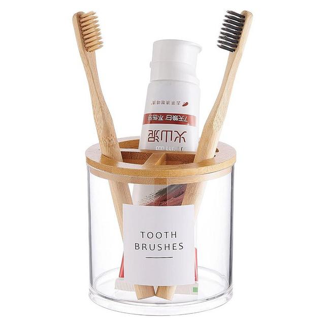 Onsogi Thick Clear Plastic Toothbrush Holder with Bamboo Lid for Bathroom Decor, Toothbrush Organizer Stand for Bathroom Vanity Countertops - 1 Pack