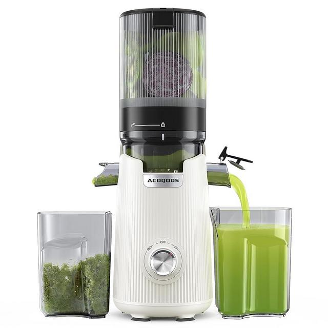 ACOQOOS Juicer Machines, Cold Press Juicer Whole Fruit and Vegetable with 5.3" Wider and Larger Feeding Chute (Capacity 1.8L), Easy to Clean Juicers with 2 Cups, Masticating Juicer White
