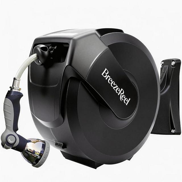 BREEZEREEL Retractable Garden Hose Reel 1/2 inch x 100ft, 3-Ply Reinforced Heavy Duty, Any Length Lock, 180° Swivel Bracket, Slow Return, Auto-Layering, 10 Spray Patterns for Outdoor Watering