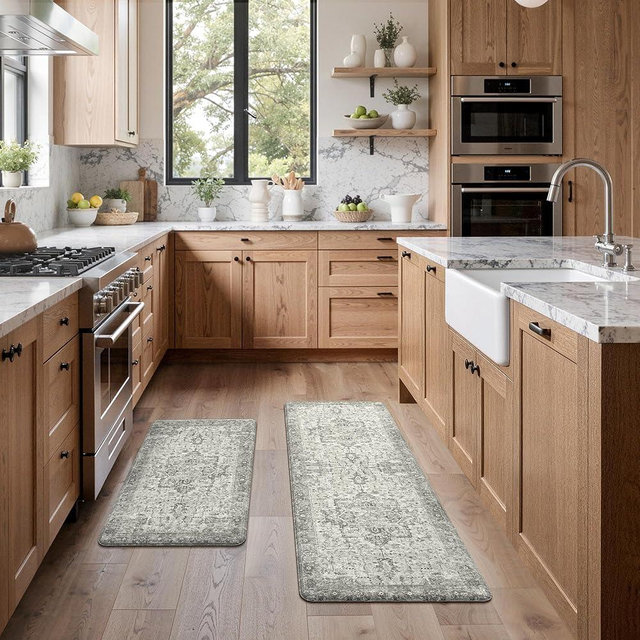 GENIMO Kitchen Mats for Floor 2PCs, Washable Anti Fatigue Mat for Cushioned, 17.3"x47"+17.3"x30", Waterproof Kitchen Rugs, Non Slip Comfort Standing Mat Rug for Home, Sink, Laundry, Stone Gray