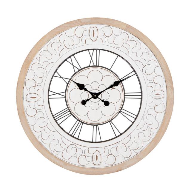 32"x32" Wooden Floral Carved Wall Clock White - Olivia & May: Elegant Decorative Timepiece for Home