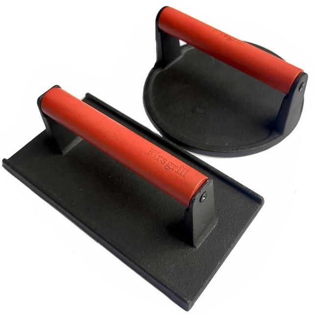 Firsgrill Burger Press 6.6" Round Heavy-Duty Cast Iron Smash Meat Steak with Wood Handle for Blackstone Weber Treager Griddle Grills (YPX) (6.5" Round & 4.3X8.3 Rectangle)