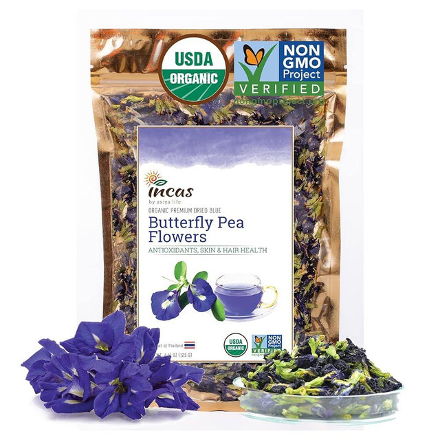 INCAS 100% USDA Organic Butterfly Pea Flower 4.41 oz (375+ Cups) DIRECT FROM SOURCE Thailand Non GMO Verified Dried Caffeine Free Gluten Free Vegan Rich in Antioxidants Free eBook