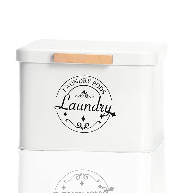 Laundry Pods Container with Hinged Lid. Farmhouse Metal Laundry Pods Holder Container for Laundry Room Decor. Modern Laundry Room Organization and Storage. Laundry Detergent Container for Laundry Room Storage(White)