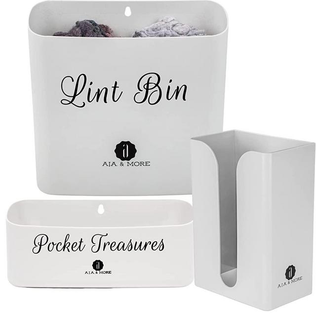 Lint Holder Bin Magnetic for Laundry Room and Dryer Sheet Dispenser Magnetic and Pocket Treasures Bin Magnetic for Laundry Room Organization by A.J.A. & MORE (Light Grey)