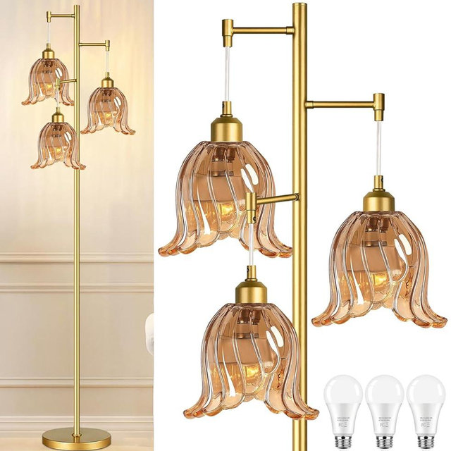 QIYIZM Gold Floor Lamp for Living Room,Bedroom,Tree 3 Light Standing Lamp Mid Century Modern Brass Tall Floor Lamps Vintage Retro Floor Lights Glass Flower Amber Lamp Shade Farmhouse Boho Bohemian